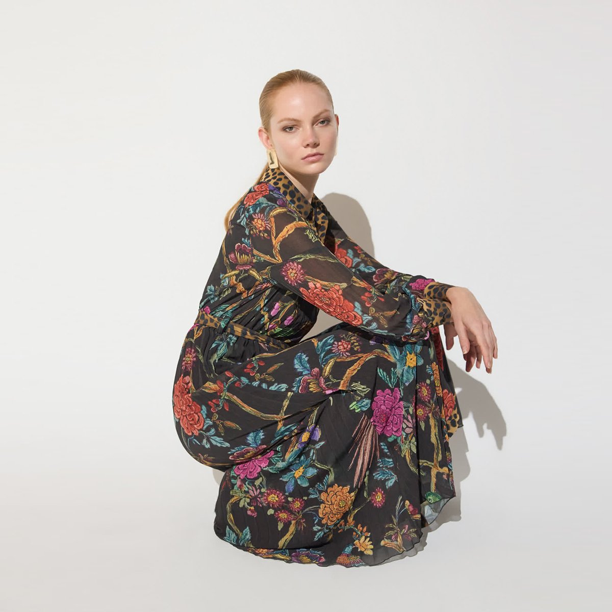 Robe midi plissée imprimée floral léopard marron foncé, LOLA CASADEMUNT