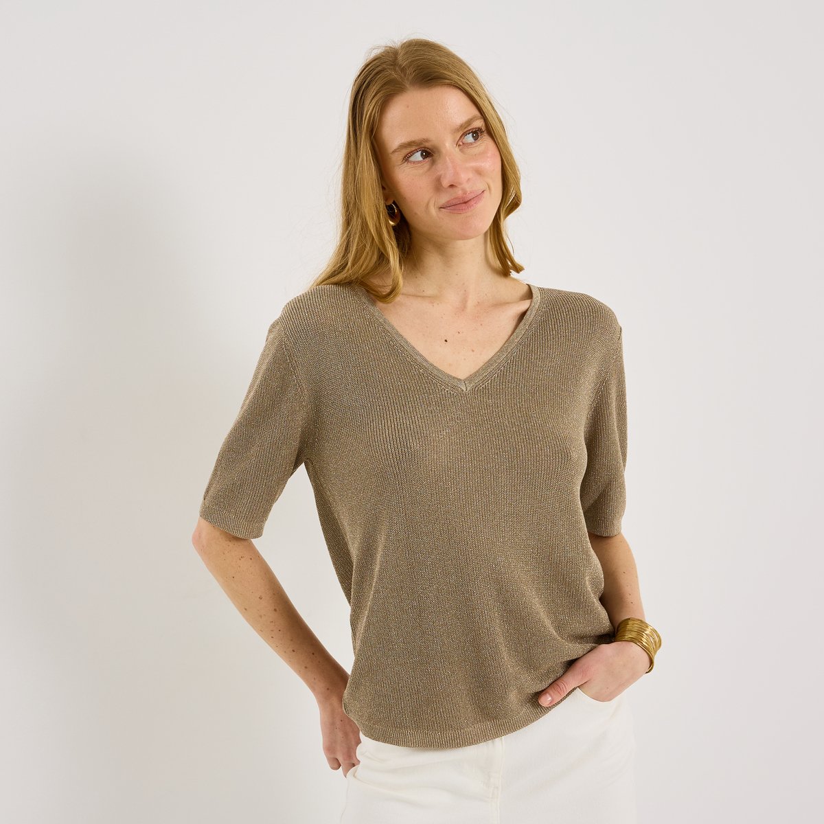 Pull brillant à manches courtes marron moka, GRAIN DE MALICE