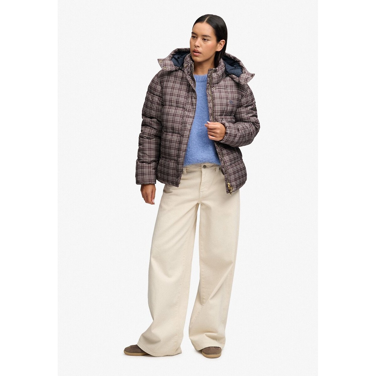 Blusão acolchoado com padrão xadrez premium quadrados castanho, SUPERDRY