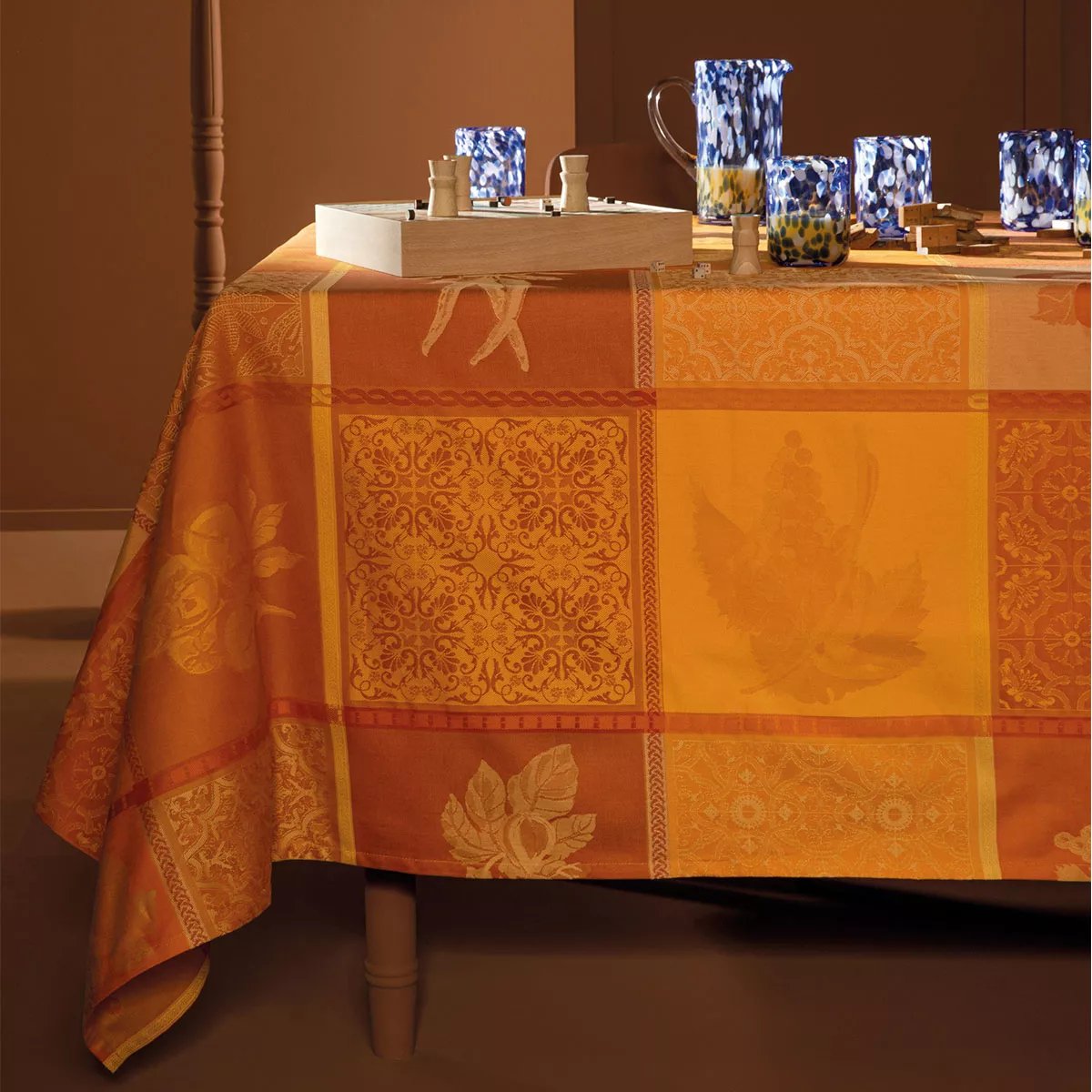 Nappe pur coton enduit MILLE TUTTI FRUTTI ocre, GARNIER THIEBAUT