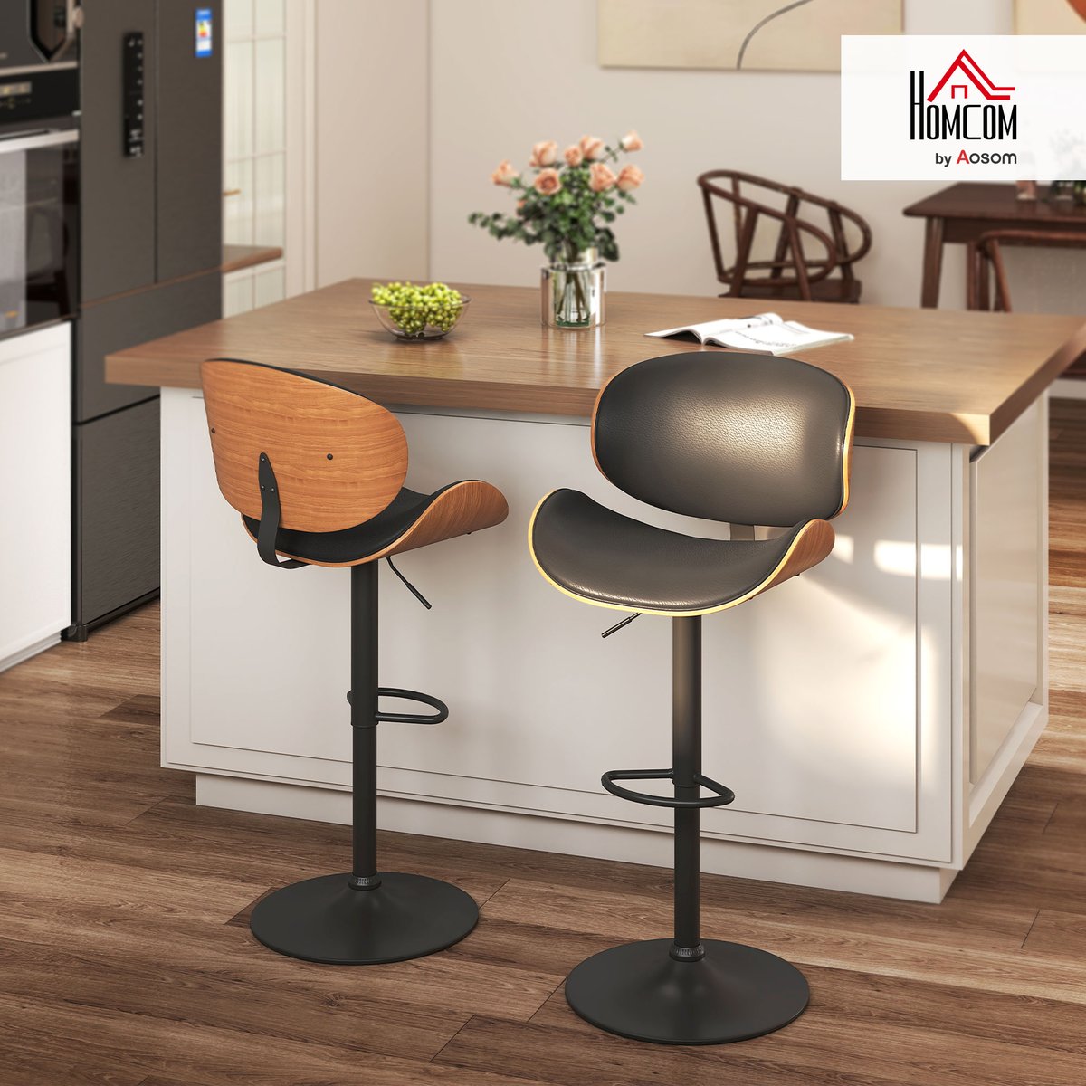 Tabouret de bar Revêtement synthétique PU noir, bois foncé, HOMCOM