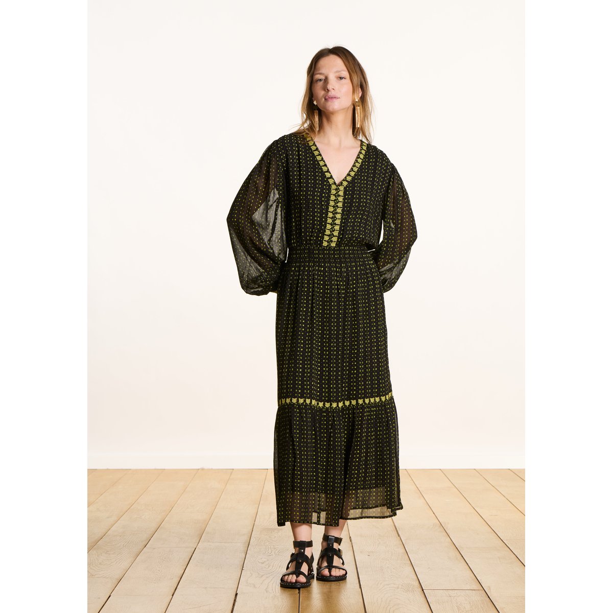 Robe longue cintrée imprimée à manches longues biriba, LA FEE MARABOUTEE
