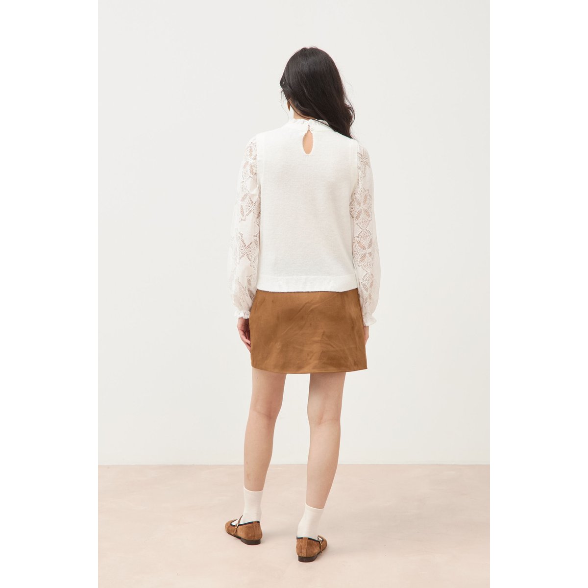 Pull droit col montant manches longues ecru, BONOBO