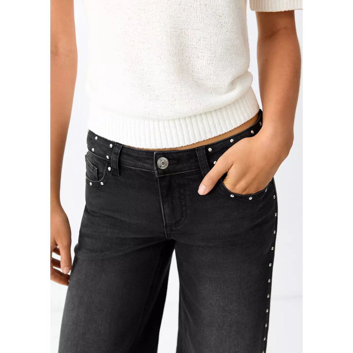 Jean wide leg détails et clous black denim, MANGO TEEN