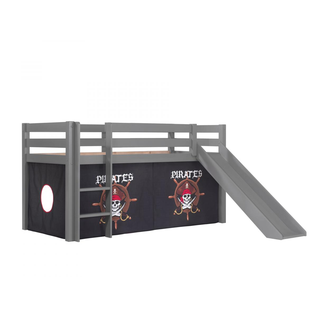 Lit Enfant Surélevé Avec Toboggan Pino + Rideau de lit Pirates couleur unique, VIPACK