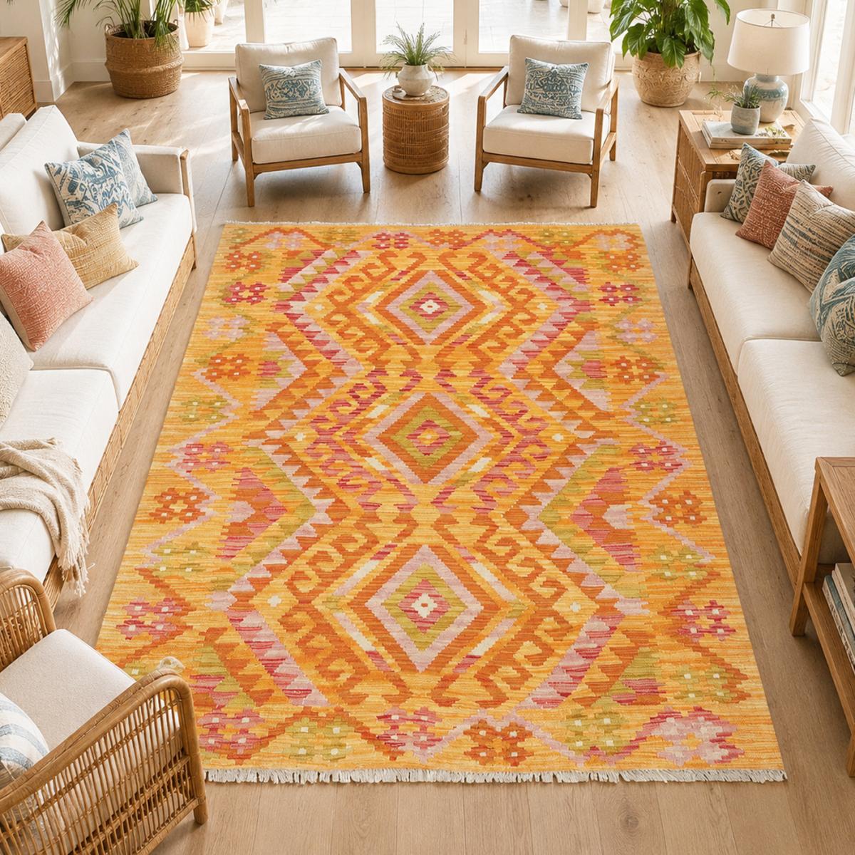 Tapis kilim ethnique, tissage plat artisanal, KILIM 78 orange, rouge, vert, UN AMOUR DE TAPIS