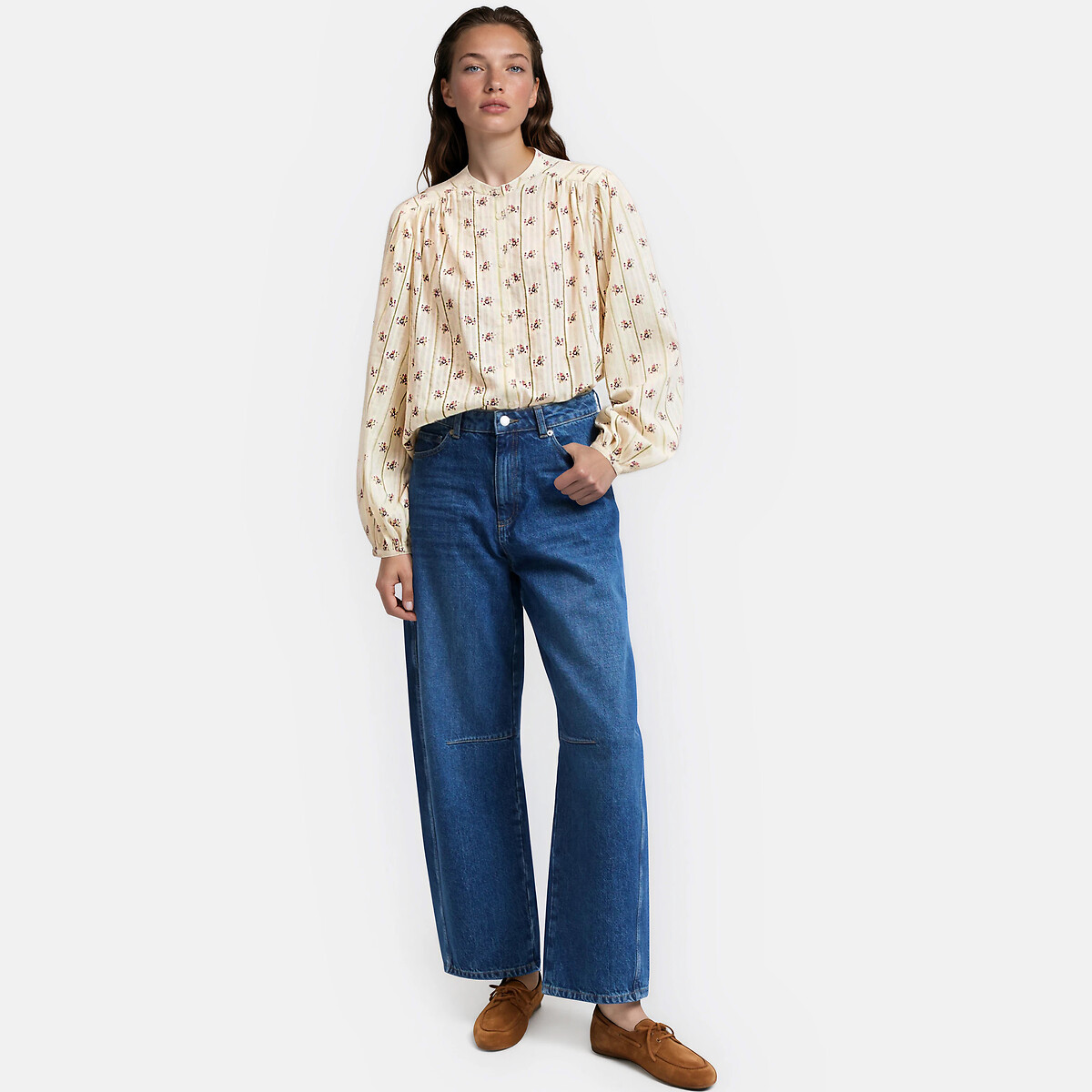 Chemise col mao, oversize, imprimé floral, Signature LISE imprimé floral blanc/rose, LA REDOUTE COLLECTIONS
