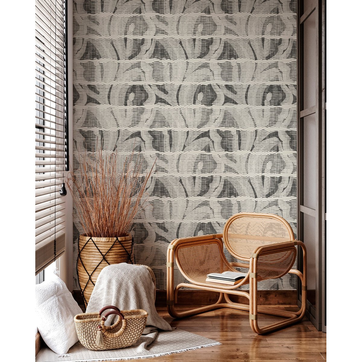 Papier peint panoramique Mawimbi - motif ethnique abstrait, intissé mat 150g blanc, LE PAPIERS DE NINON