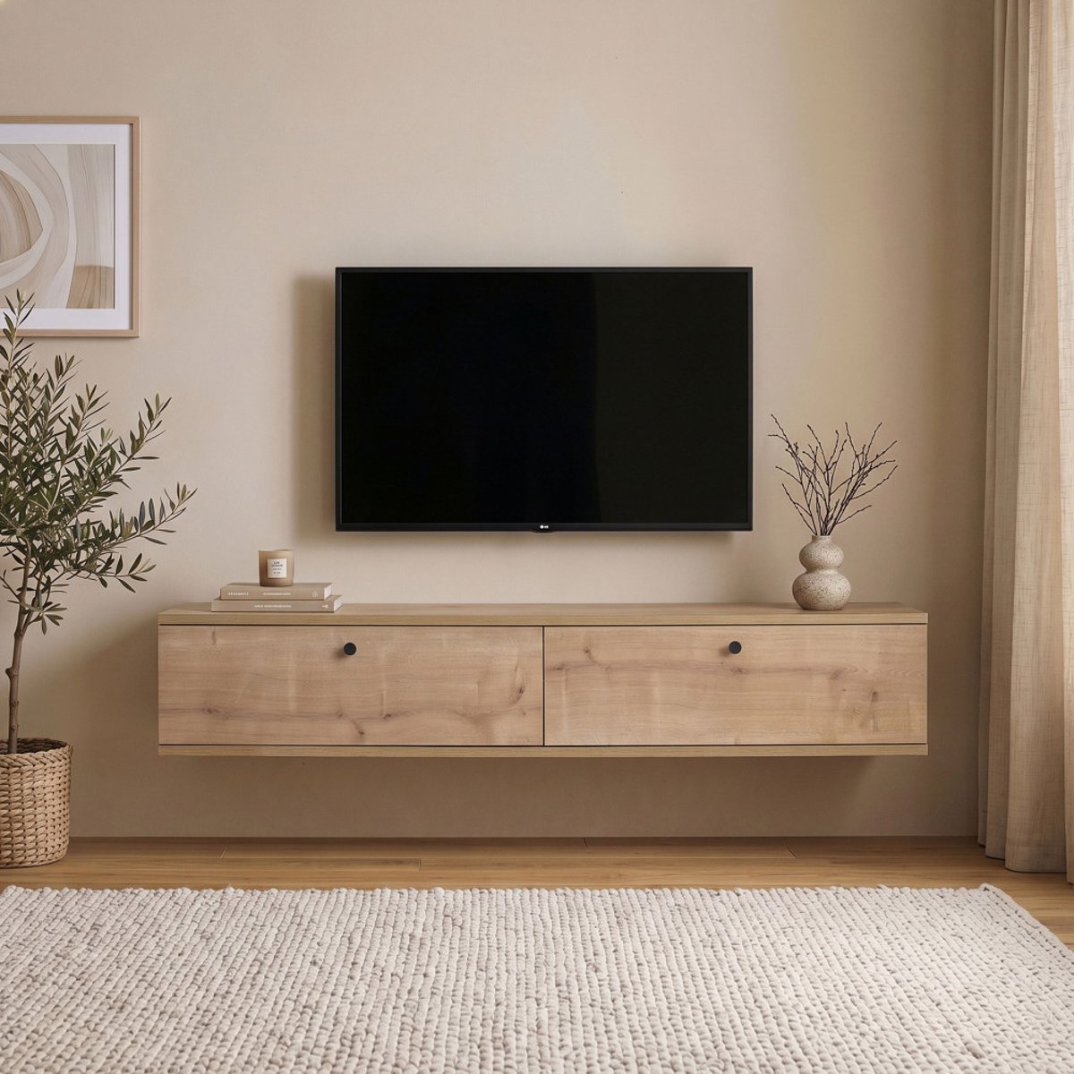Meuble tv suspendu 2 portes en bois L160cm- YARA bois clair, DRAWER