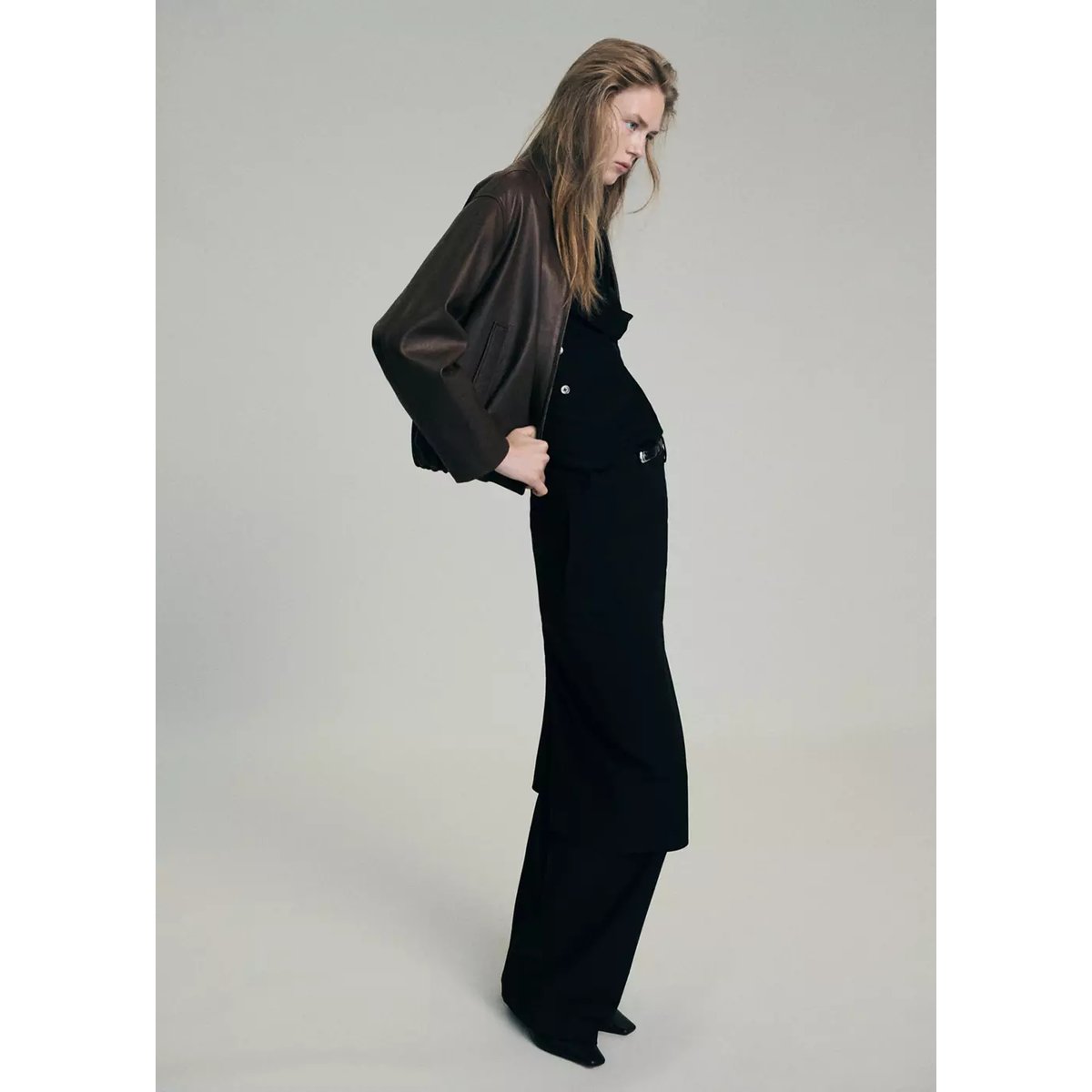 Veste cuir col officier marron, MANGO