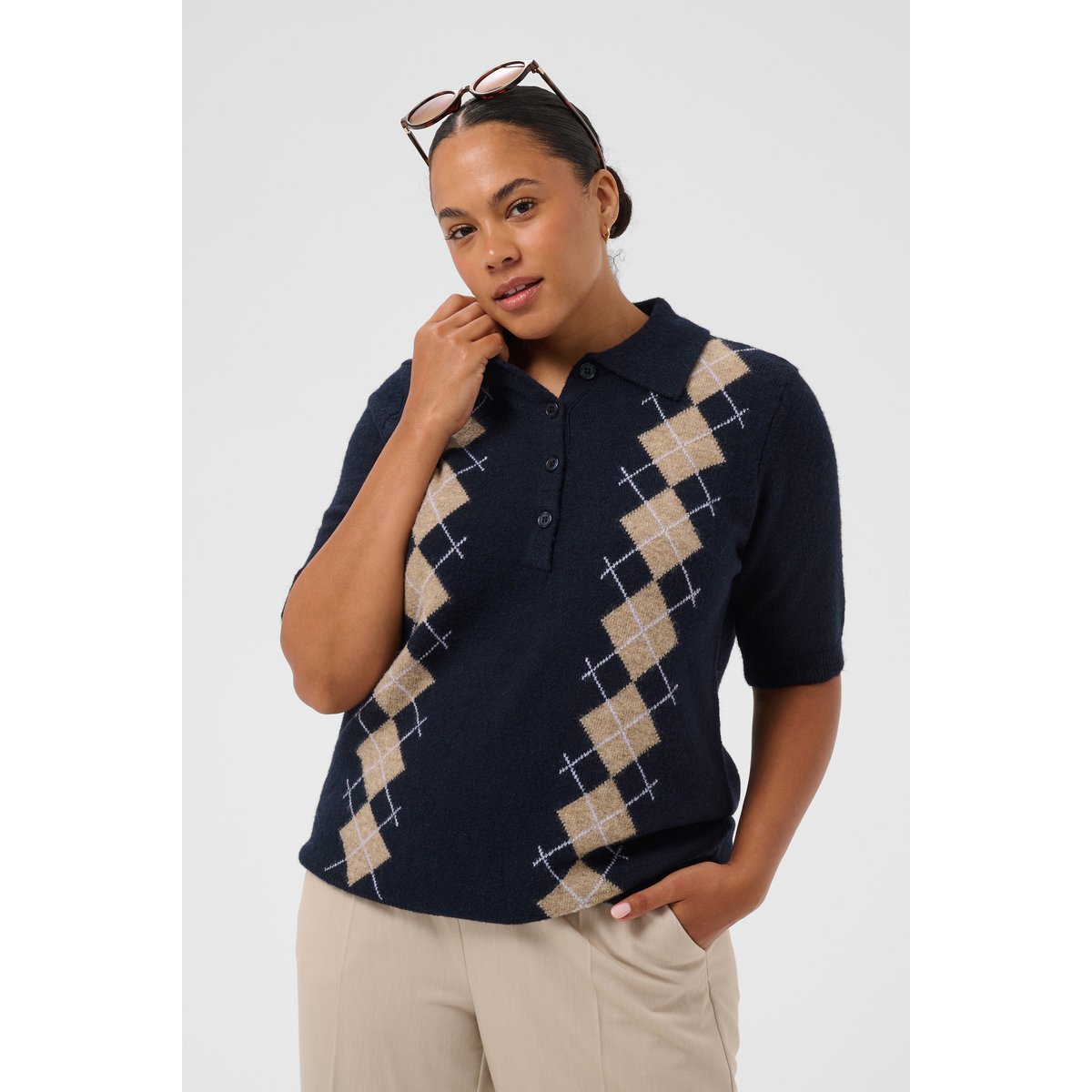 Pullover tricoté bleu midnight/beige argyle, KAFFE CURVE