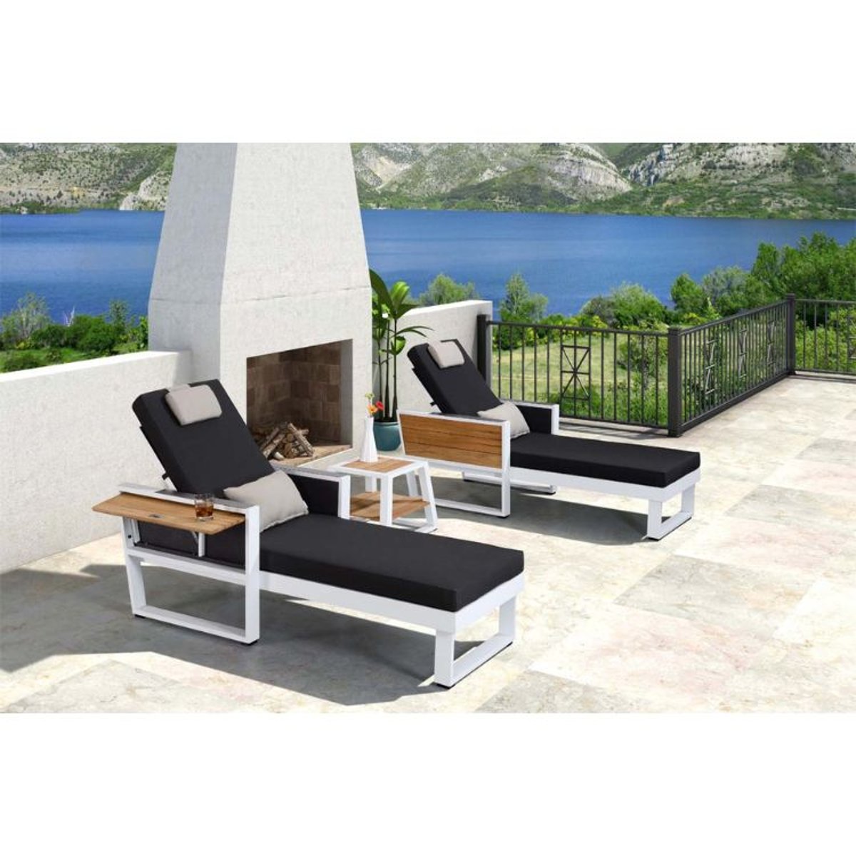 Bain de soleil en aluminium et teck, YORK noir, AU JARDIN DE CHLOÉ