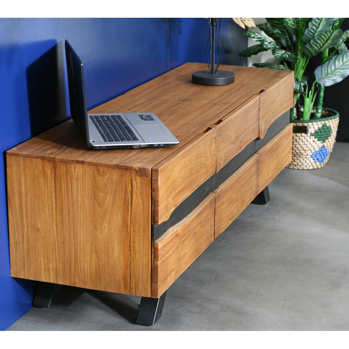 Meuble TV contemporain bois recyclé de teck et bandeau noir laqué 3 portes style moderne 160 cm BARBADE bois naturel, PIER IMPORT