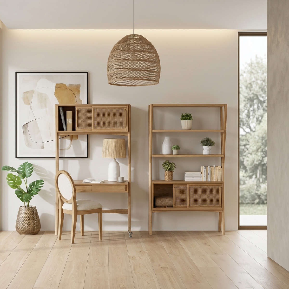 Etagère portes coulissantes style contemporain en chêne et cannage DOROTHY beige, ROBIN DES BOIS