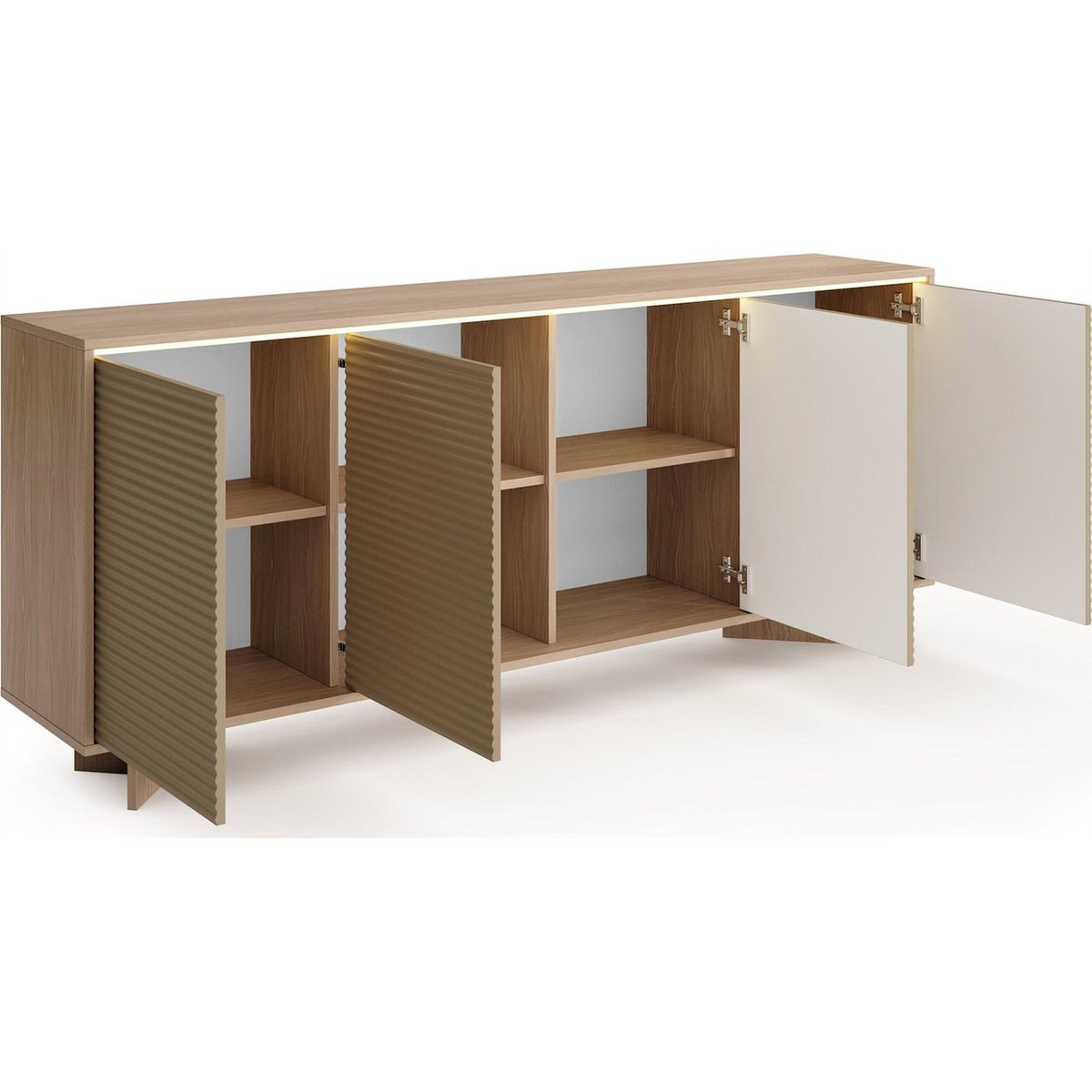 Buffet 4 portes SEMI avec éclairage LED intégré bois bolivar naturel et cappuccino mat, RECOLLECTION