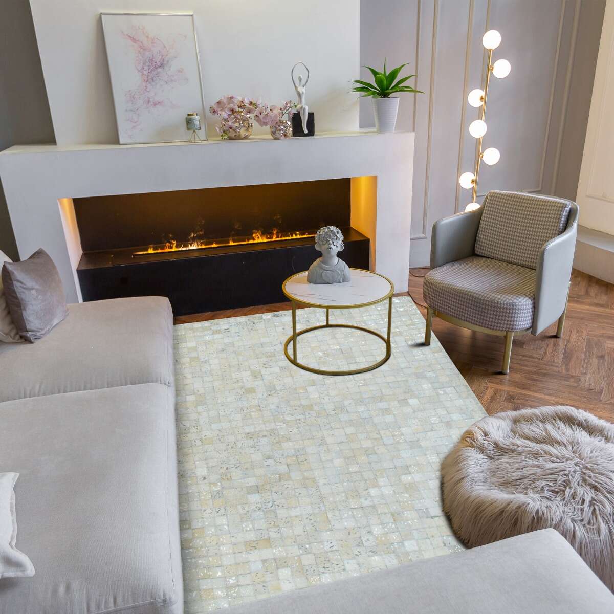 Tapis en cuirs recyclés et é CUIR MOZAIQUE METAL SILVER blanc, argenté, THE DECO FACTORY