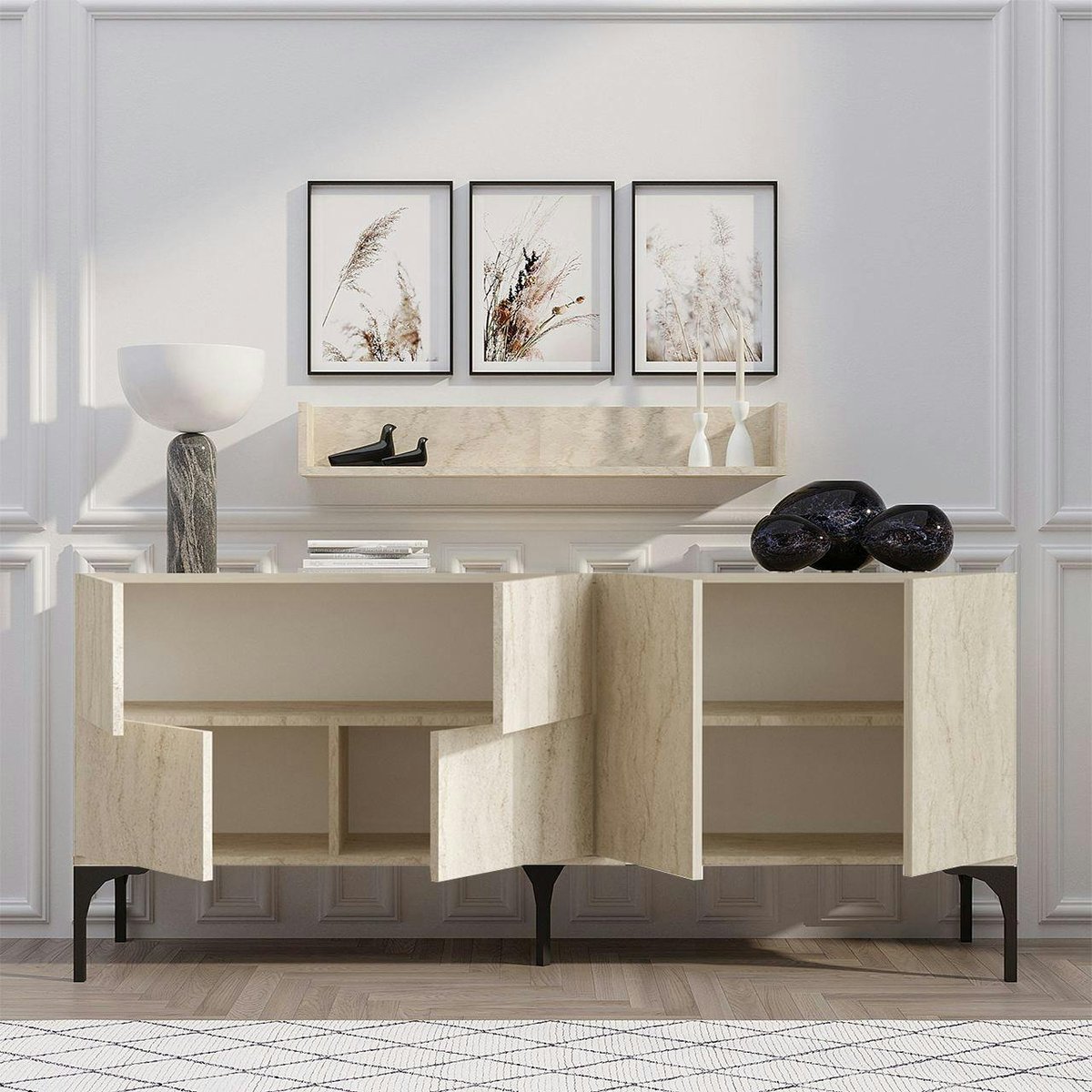 Buffet salle à manger moderne effet travertin 6 portes JENA beige, PIER IMPORT