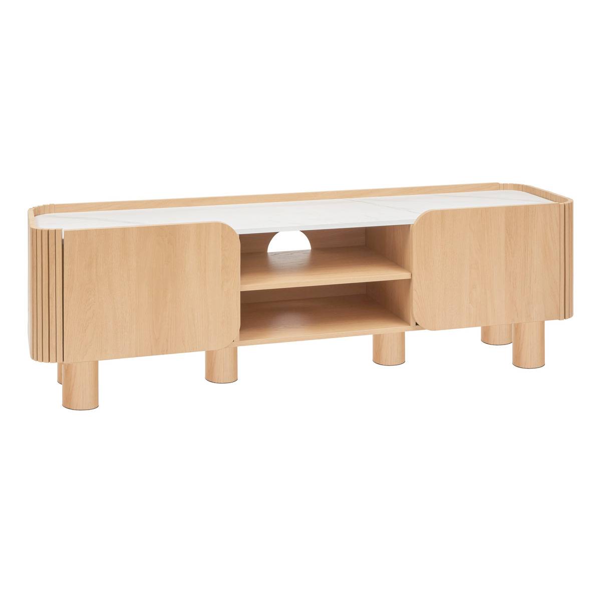 Meuble TV 2 portes plateau aspect marbre piètement hévéa HOMELYA beige, ATMOSPHERA