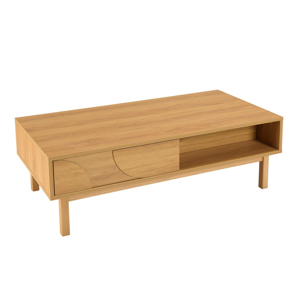 Table basse couleur naturelle 2 tiroirs 2 niches décor motif arrondi ELTON bois naturel, PIER IMPORT
