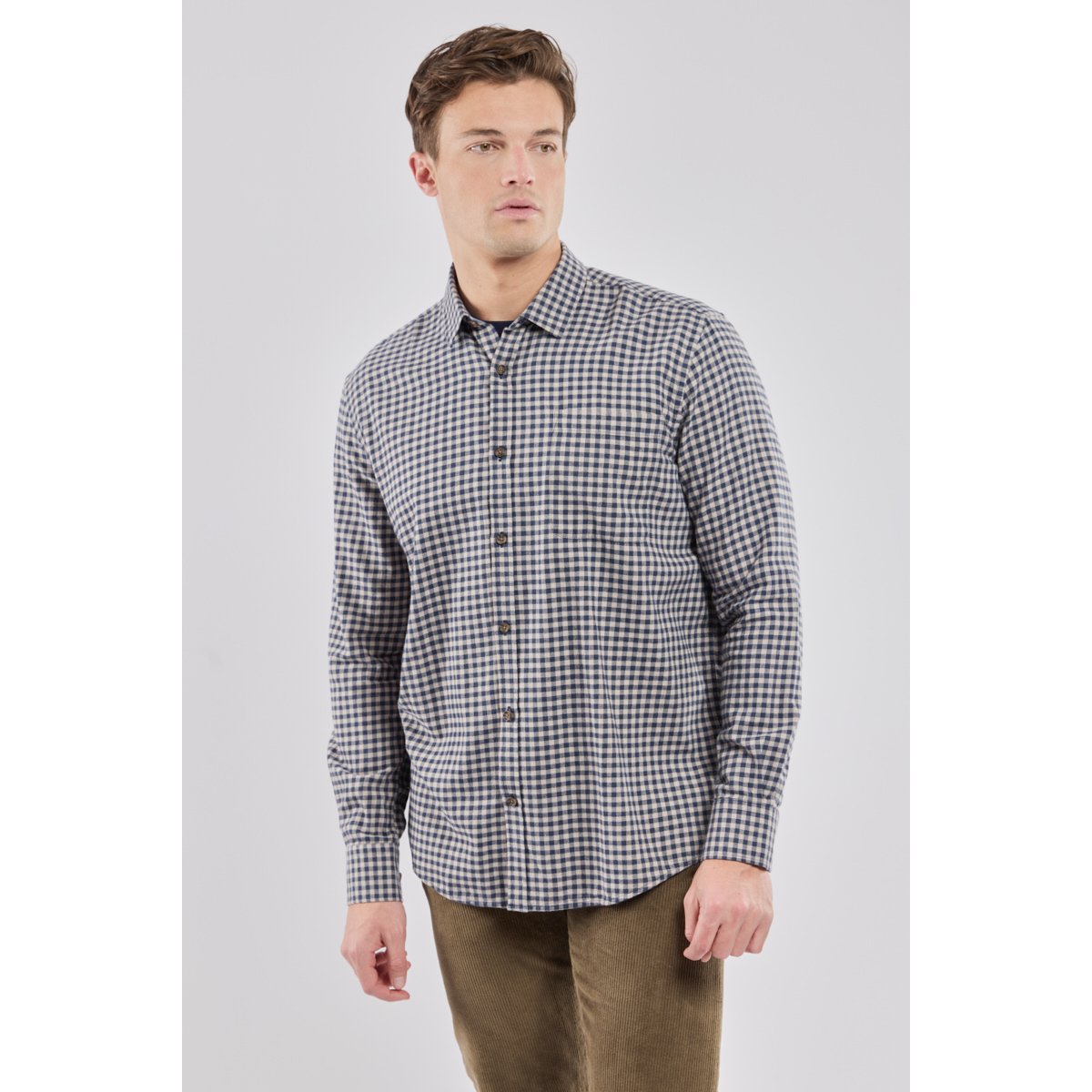 Chemise manches longues confort col souple vichy bleu jean, ARMOR-LUX