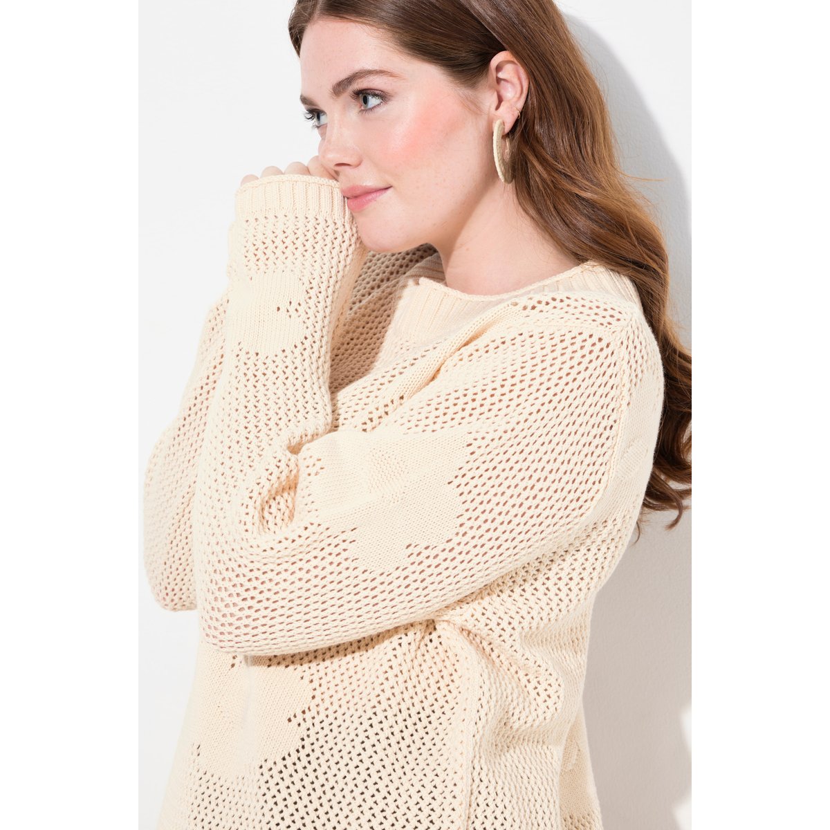 Pull, maille ajourée, col rond blanc perle, ULLA POPKEN