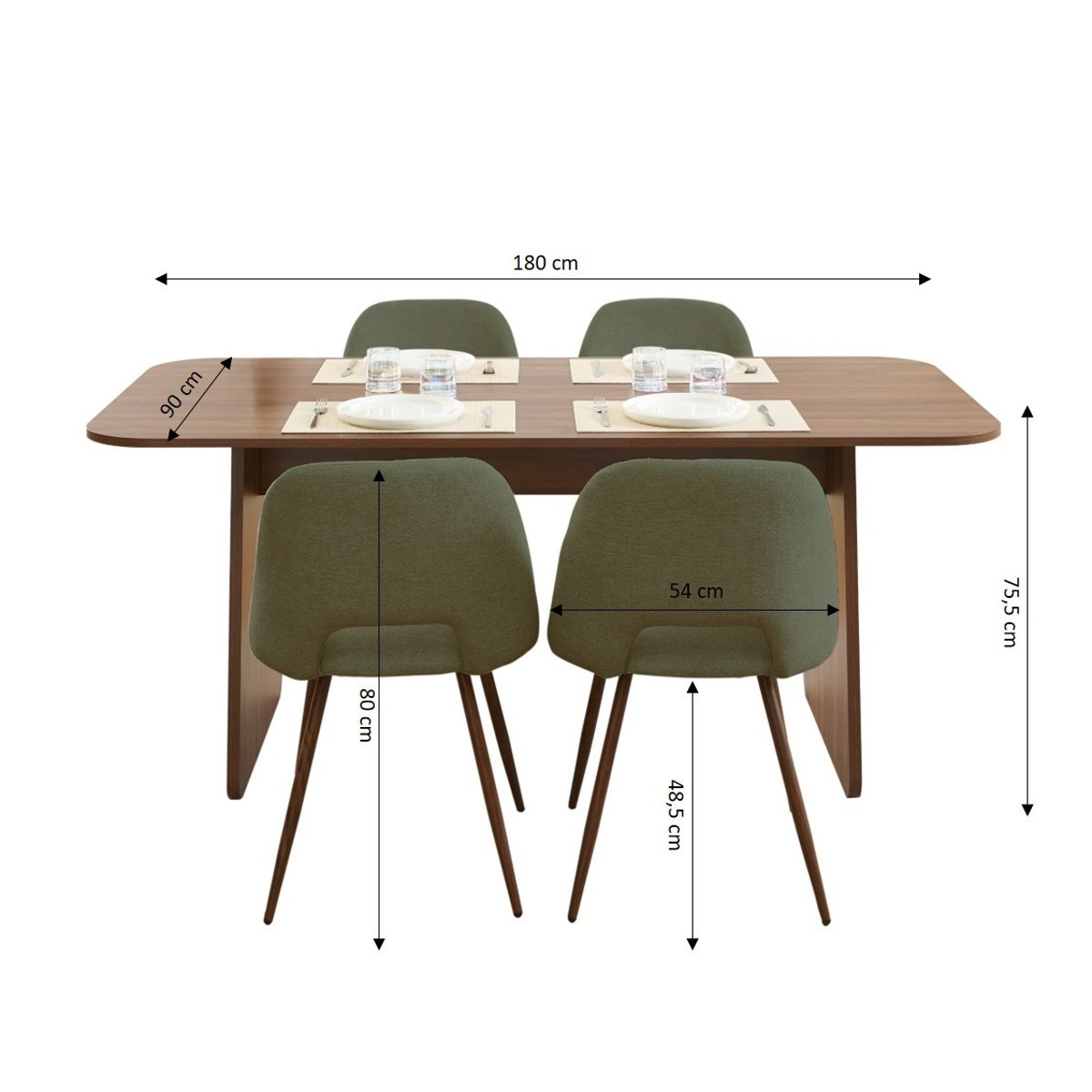 Ensemble table noyer et 4 chaises tissu  LANGO bois foncé, BAÏTA