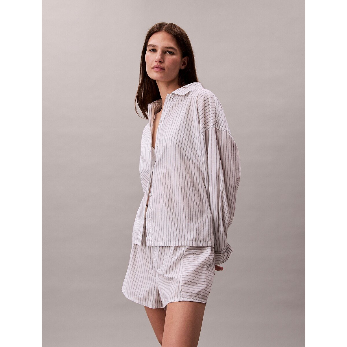 Cotton poplin pyjama shirt with button-down collar white/blue, CALVIN KLEIN UNDERWEAR