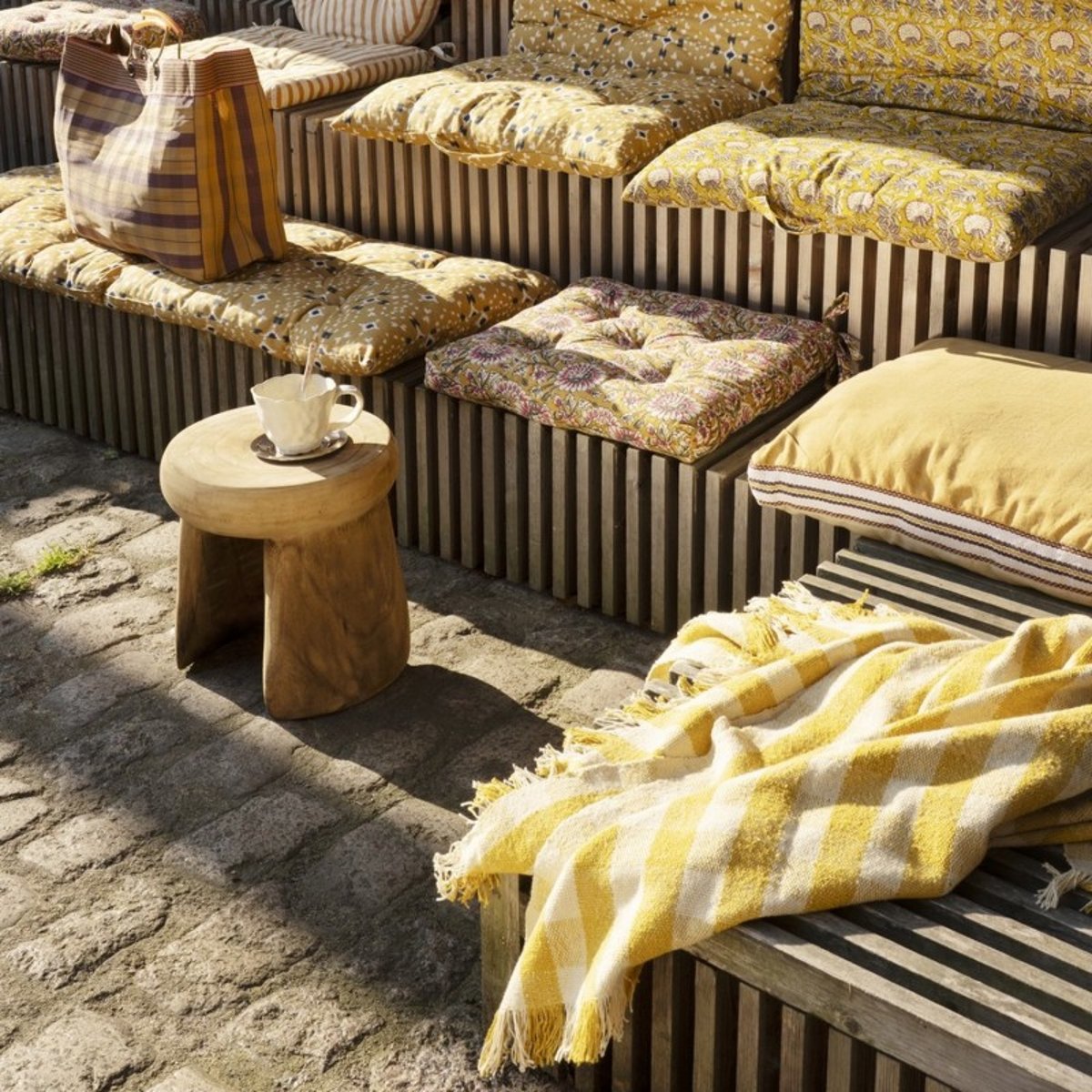 Plaid coton recyclé petits carreaux franges jaune, MADAM STOLTZ