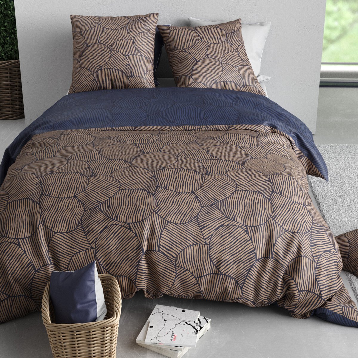 Parure housse de couette en coton imprimée, Ninon bleu, C DESIGN HOME TEXTILE