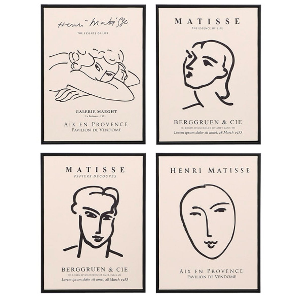 Set de 4 tableaux décoratifs noir et blanc Matisse 30x40cm multicolore, WADIGA