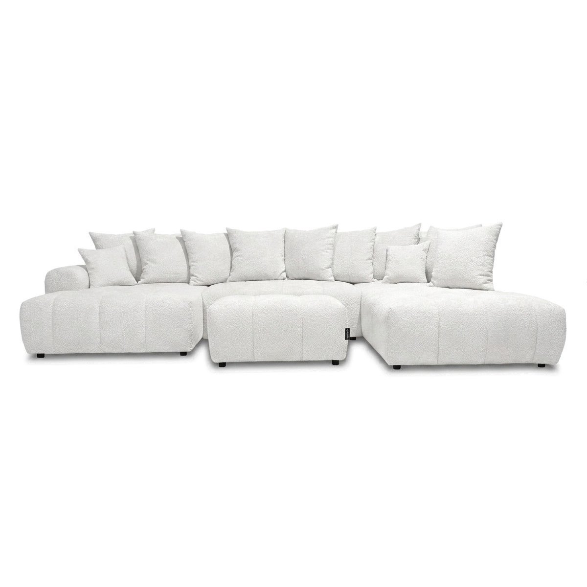 Canapé panoramique convertible 6 places en tissu bouclette avec pouf, ROXELANE blanc, BOBOCHIC