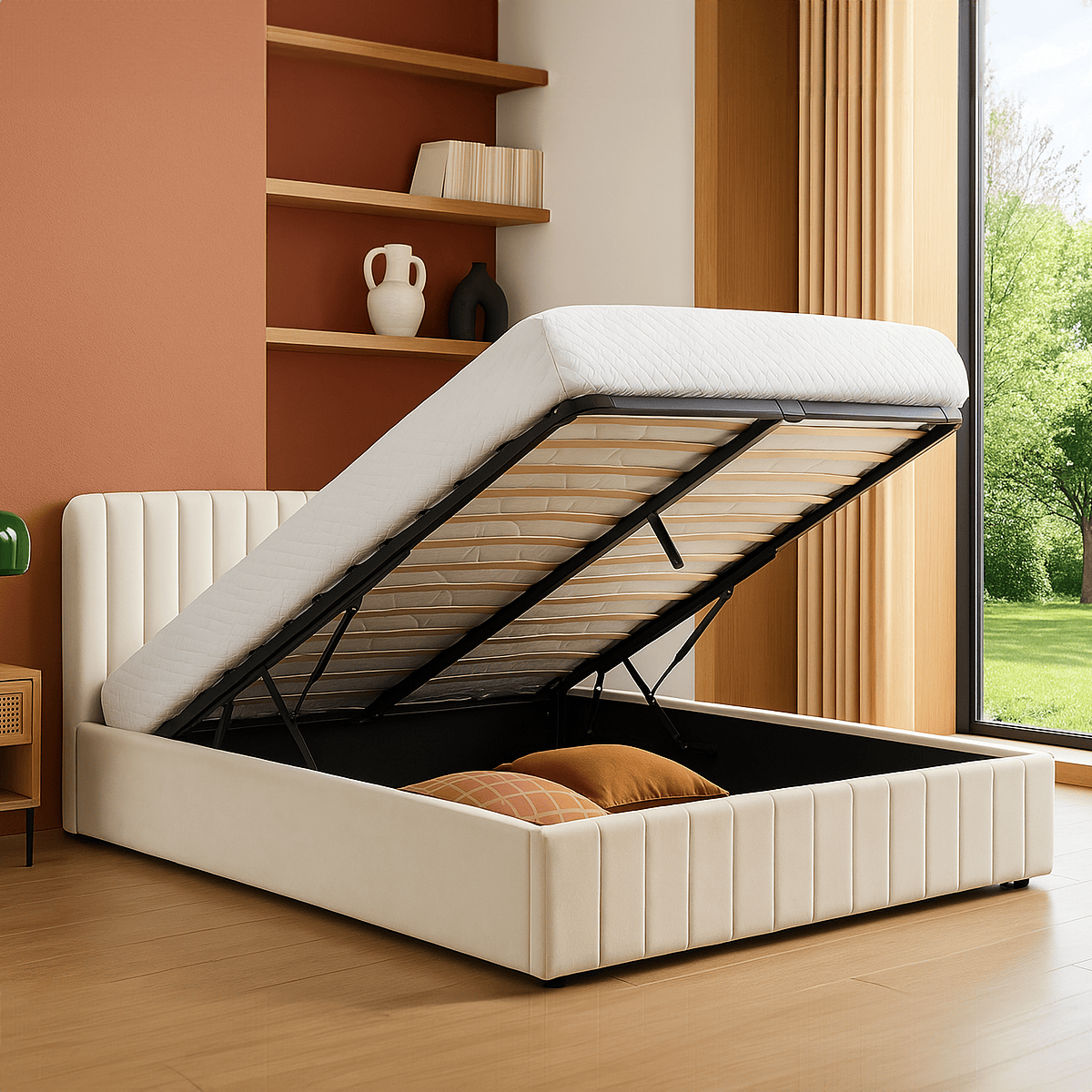 Lit coffre avec tête de lit en velours - AVA beige, HOMIFAB