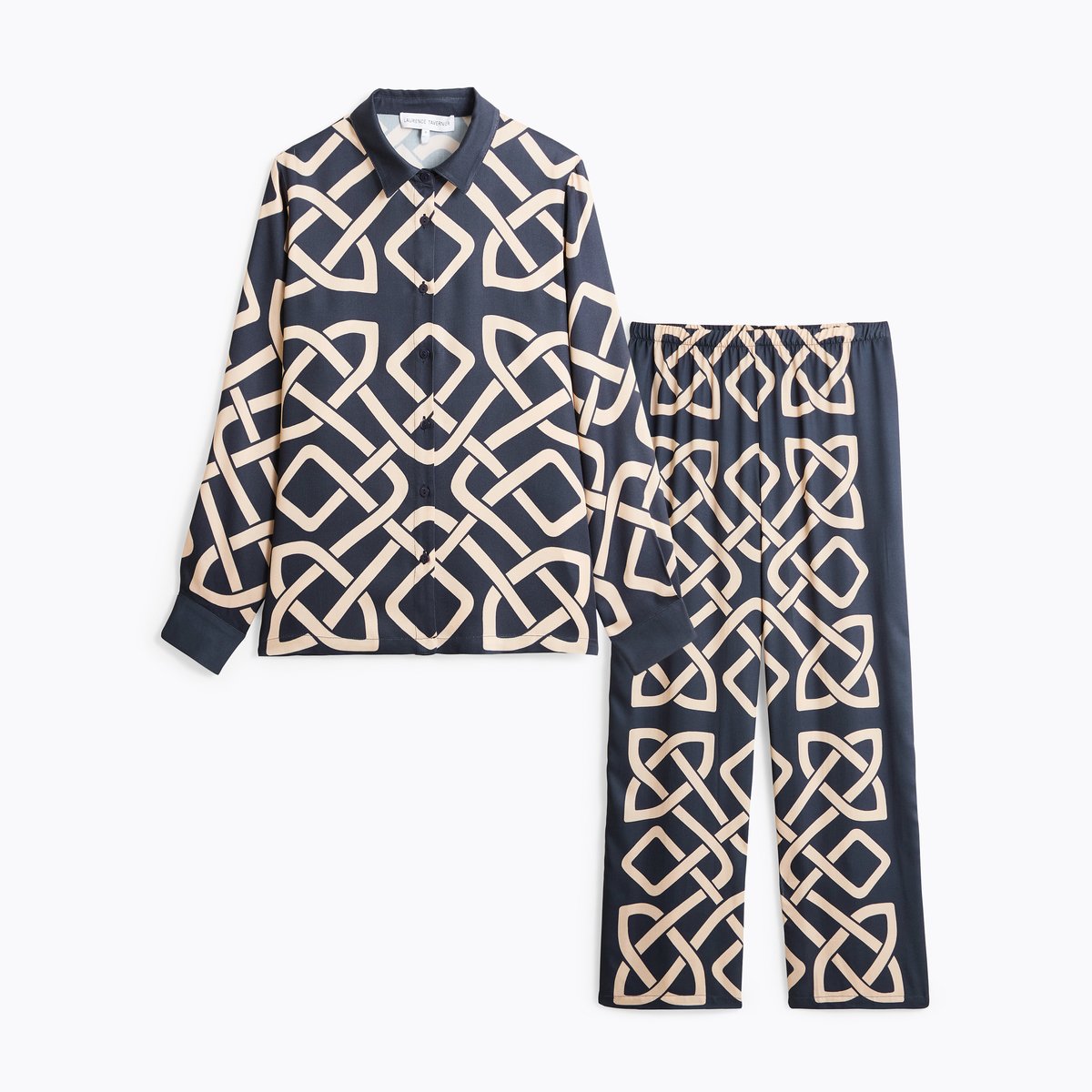 Pyjama col tailleur en satin de viscose ENTRELAC marine, LAURENCE TAVERNIER
