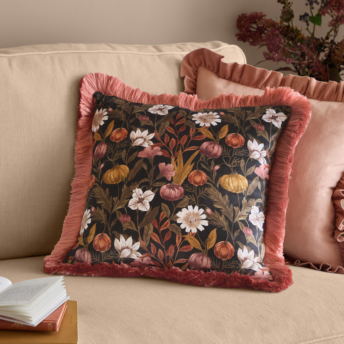 Wylder Autumn Garden Fringed Velvet Cushion blue + white + grey, FURN.