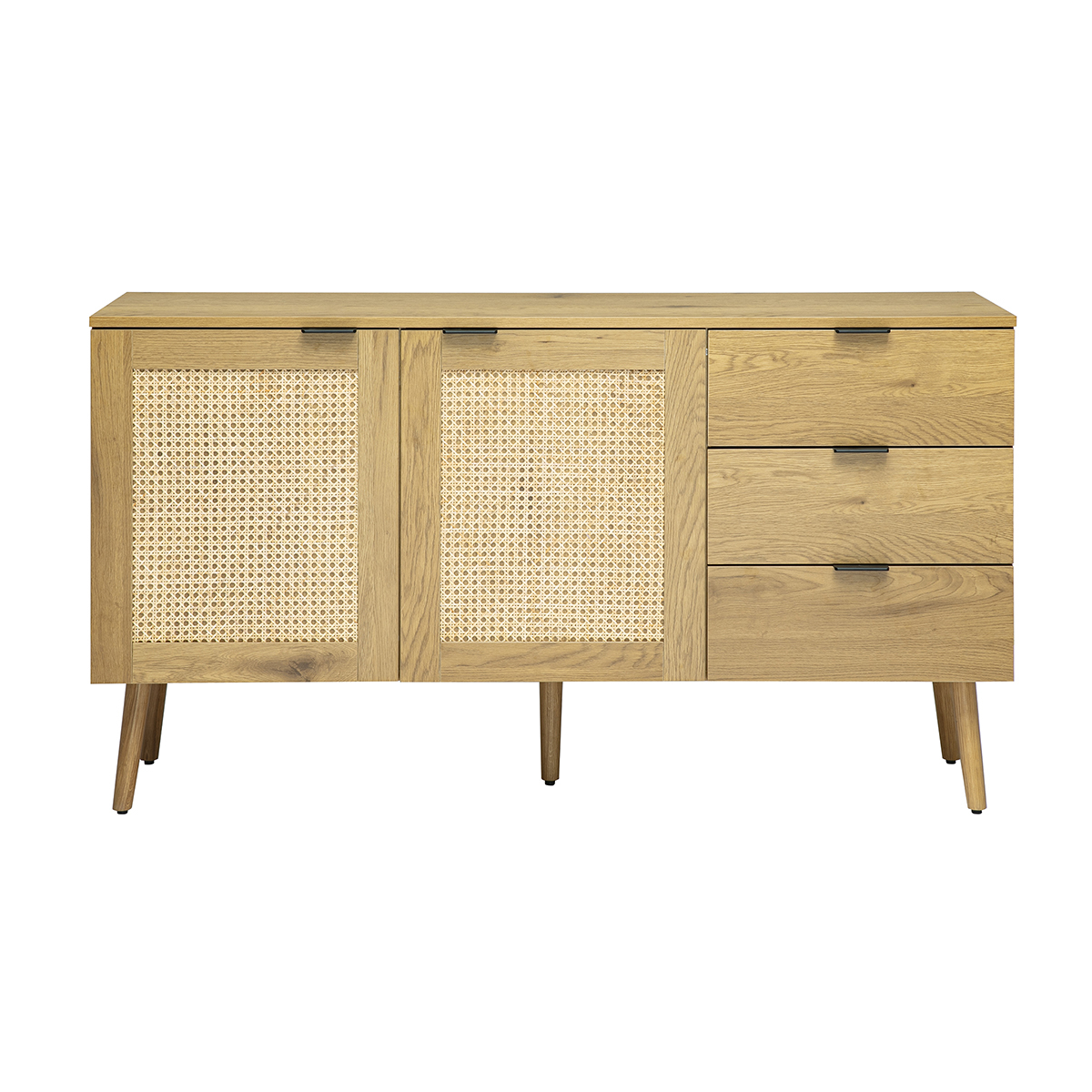 Buffet finition bois clair, cannage en rotin et métal noir 2 portes, 3 tiroirs L135 cm MANILLE couleur unique, MILIBOO