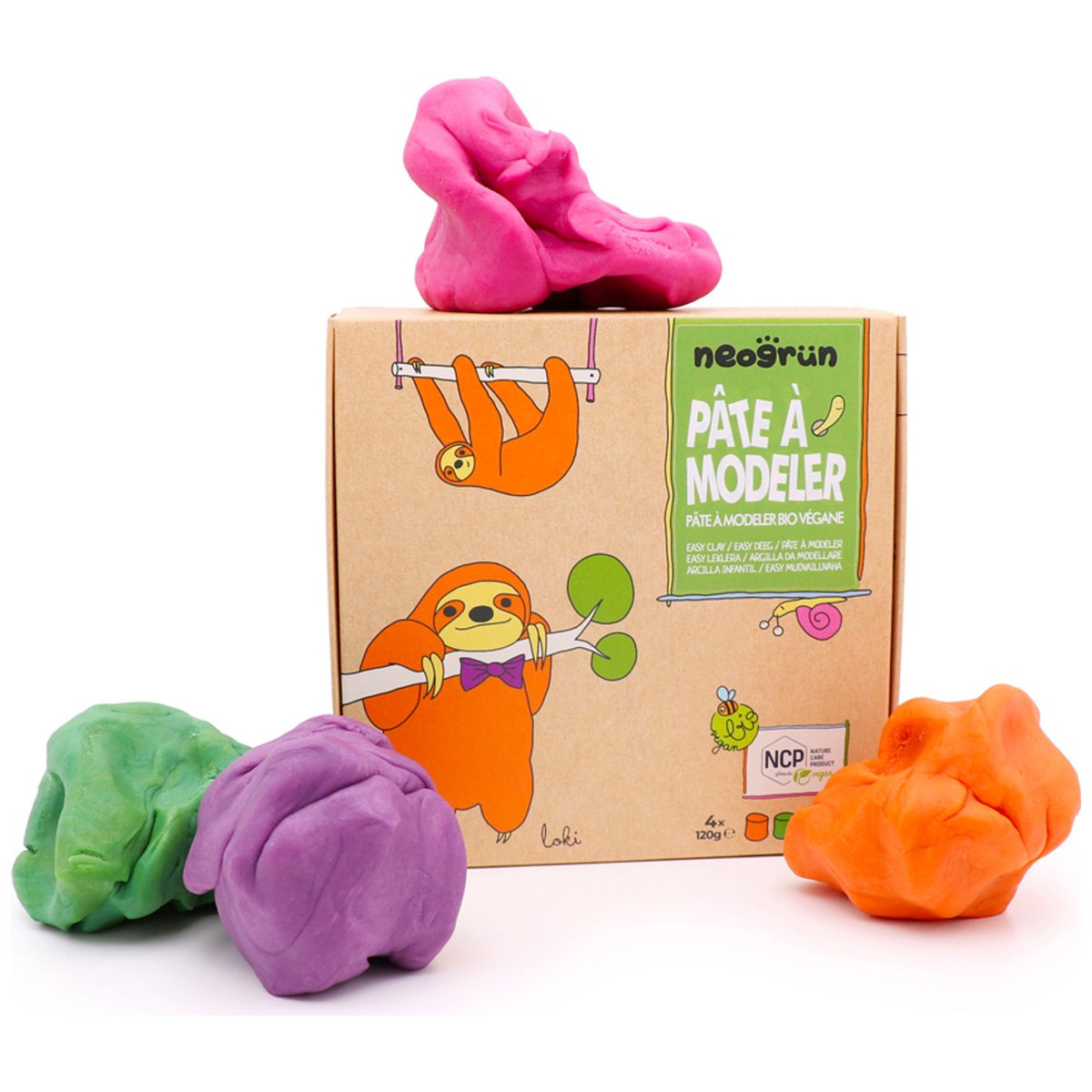 Coffret Loki pâte à modeler naturelle et vegan (assort. 4 pots) orange, vert, rose, violet, NEOGRÜN