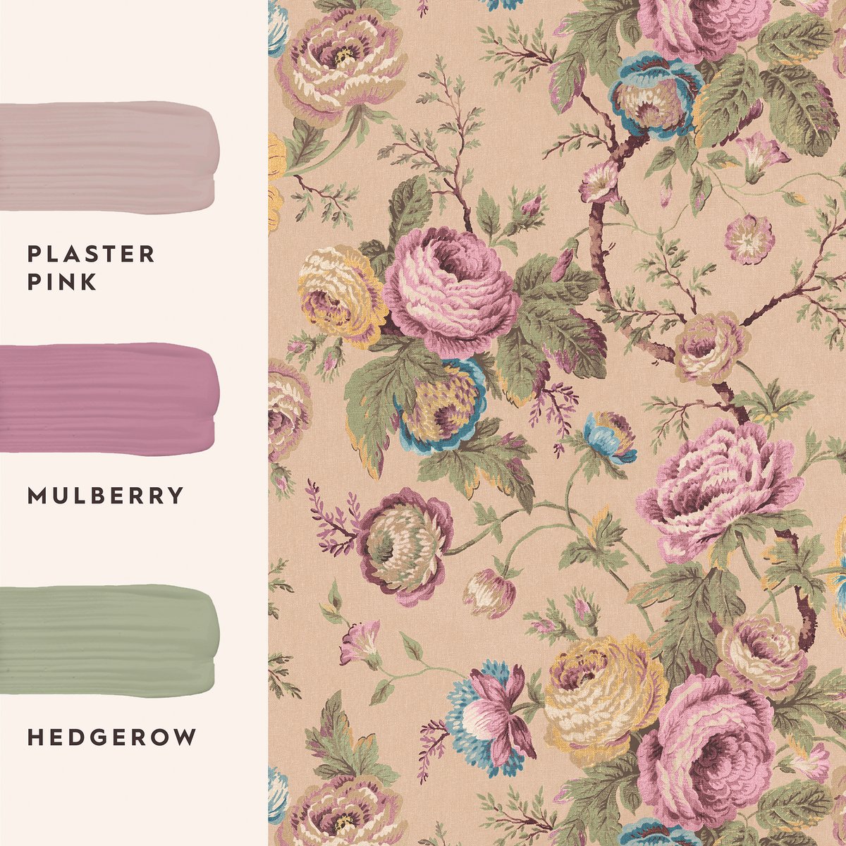 Papier peint fleuri roses vintage Uffington rose, beige, ocre, vert, LAURA ASHLEY