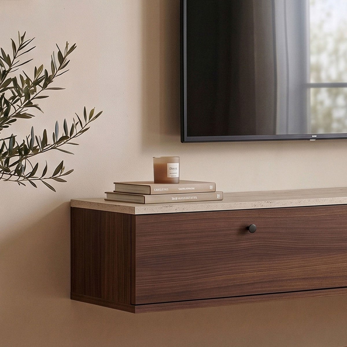 Meuble tv suspendu 2 portes en bois et effet travertin L140cm- YARA bois foncé, DRAWER