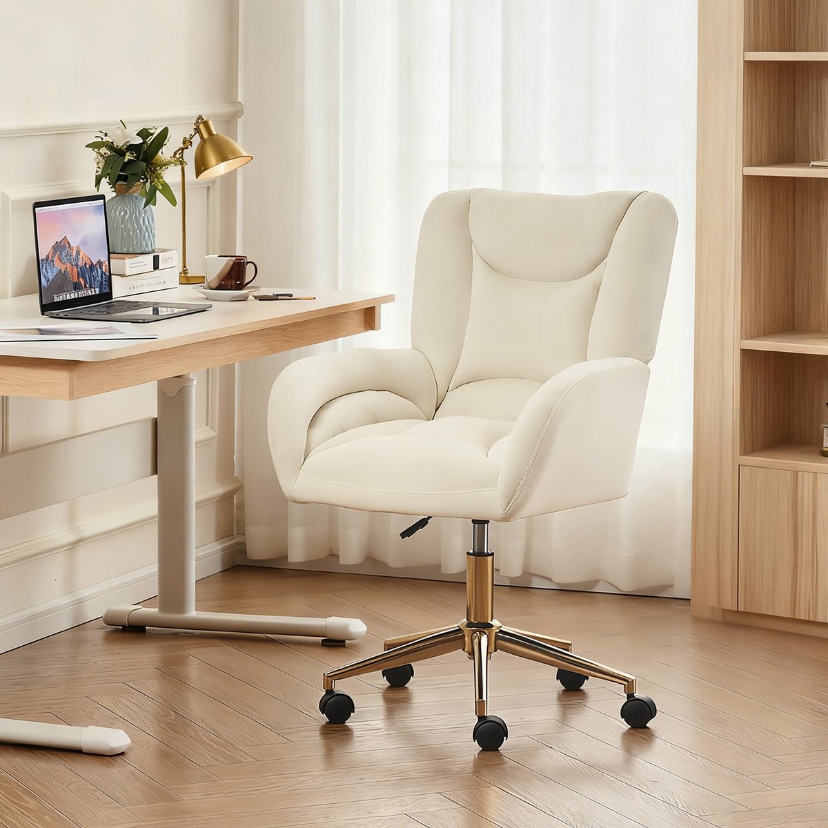 Chaise de bureau en velours réglable et pivotante, ROSSIE blanc, MEUBLES COSY