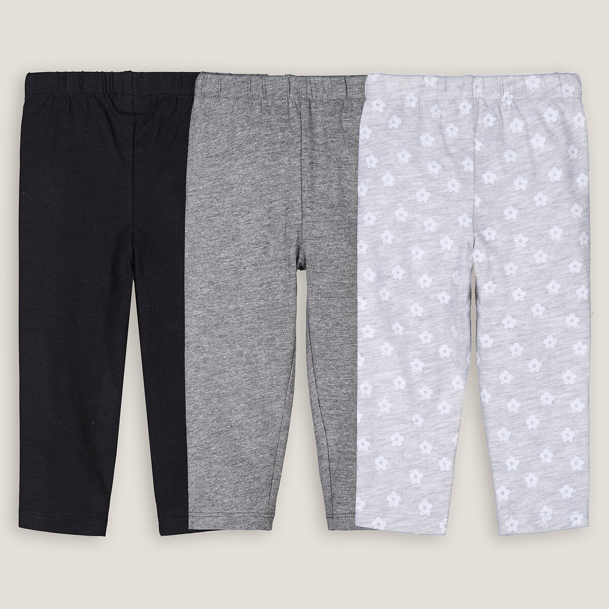 Pack of 3 Leggings in Cotton pack of black + grey marl, LA REDOUTE COLLECTIONS