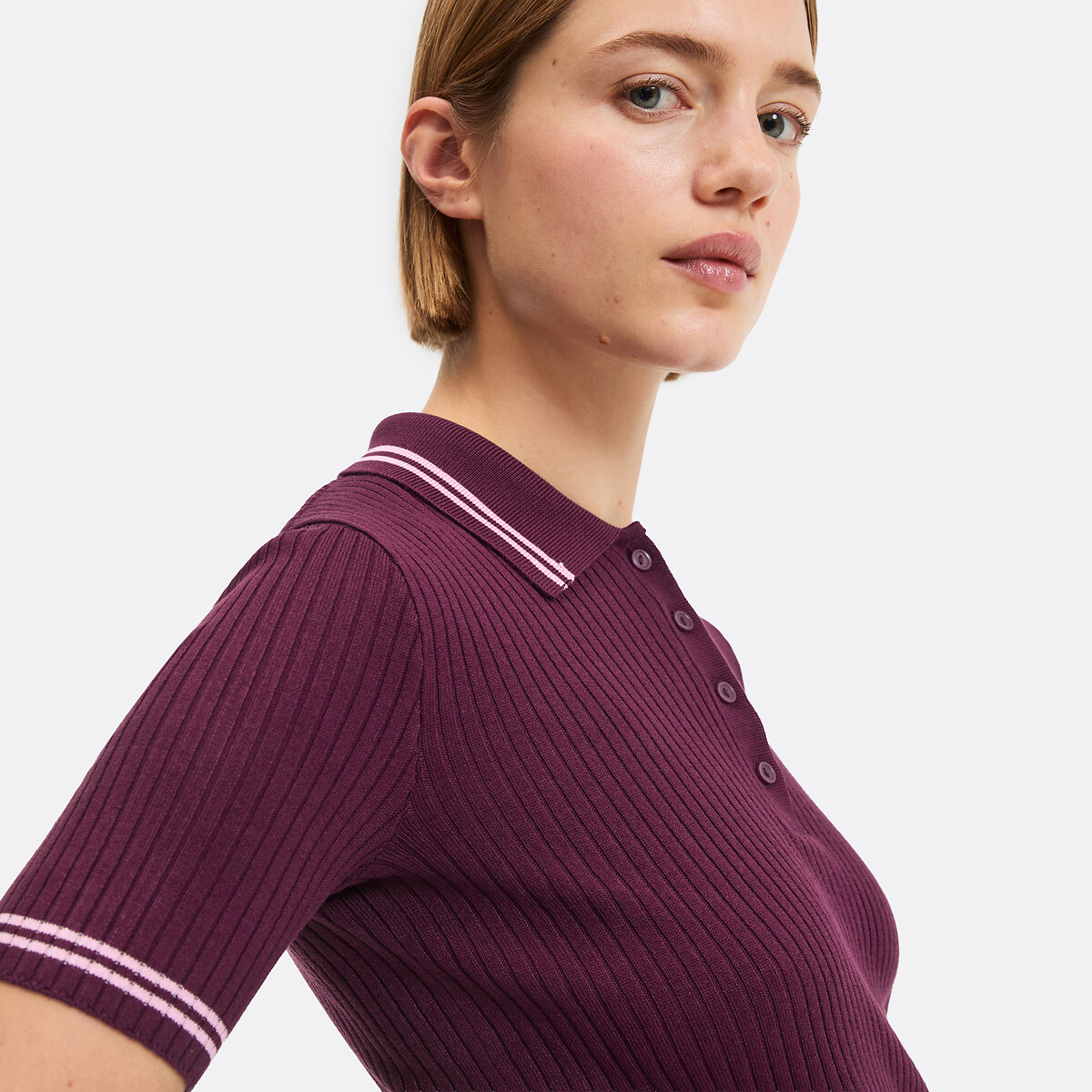 Pull col polo, manches courtes, en fine maille côtelée violet prune, LA REDOUTE COLLECTIONS
