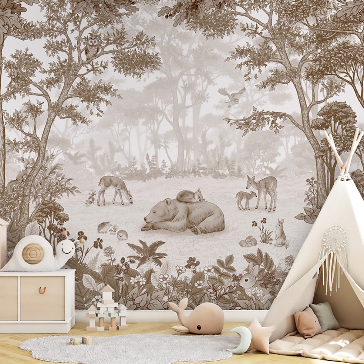 Papier enfant Ours paisible dans la forêt beige, HEXOA