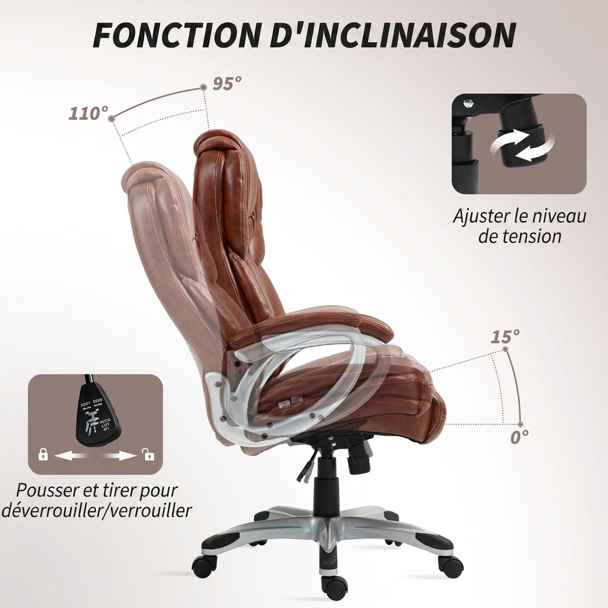 Chaise de bureau Revêtement synthétique marron, HOMCOM