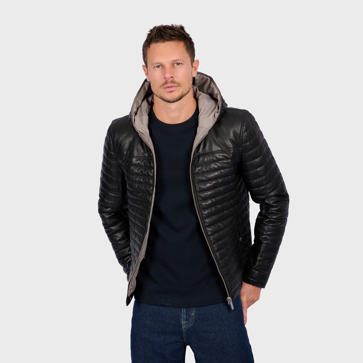 Doudoune en cuir avec capuche AURELIEN3 noir, OAKWOOD