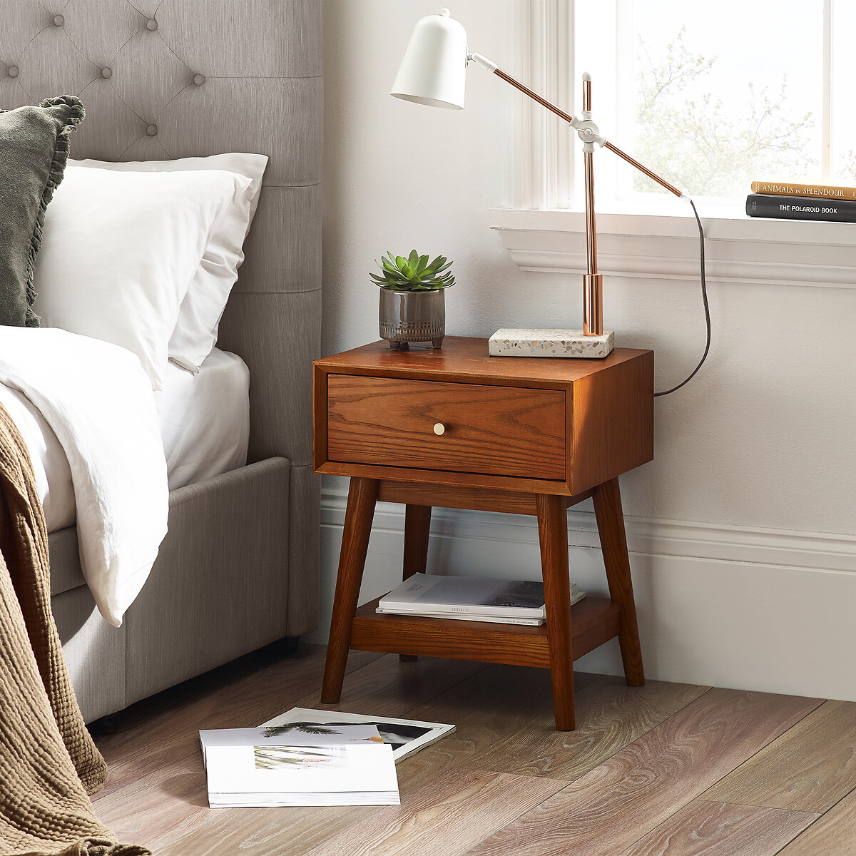 Elijah Retro Ash Wood 1 Drawer Side Table auburn, SO'HOME
