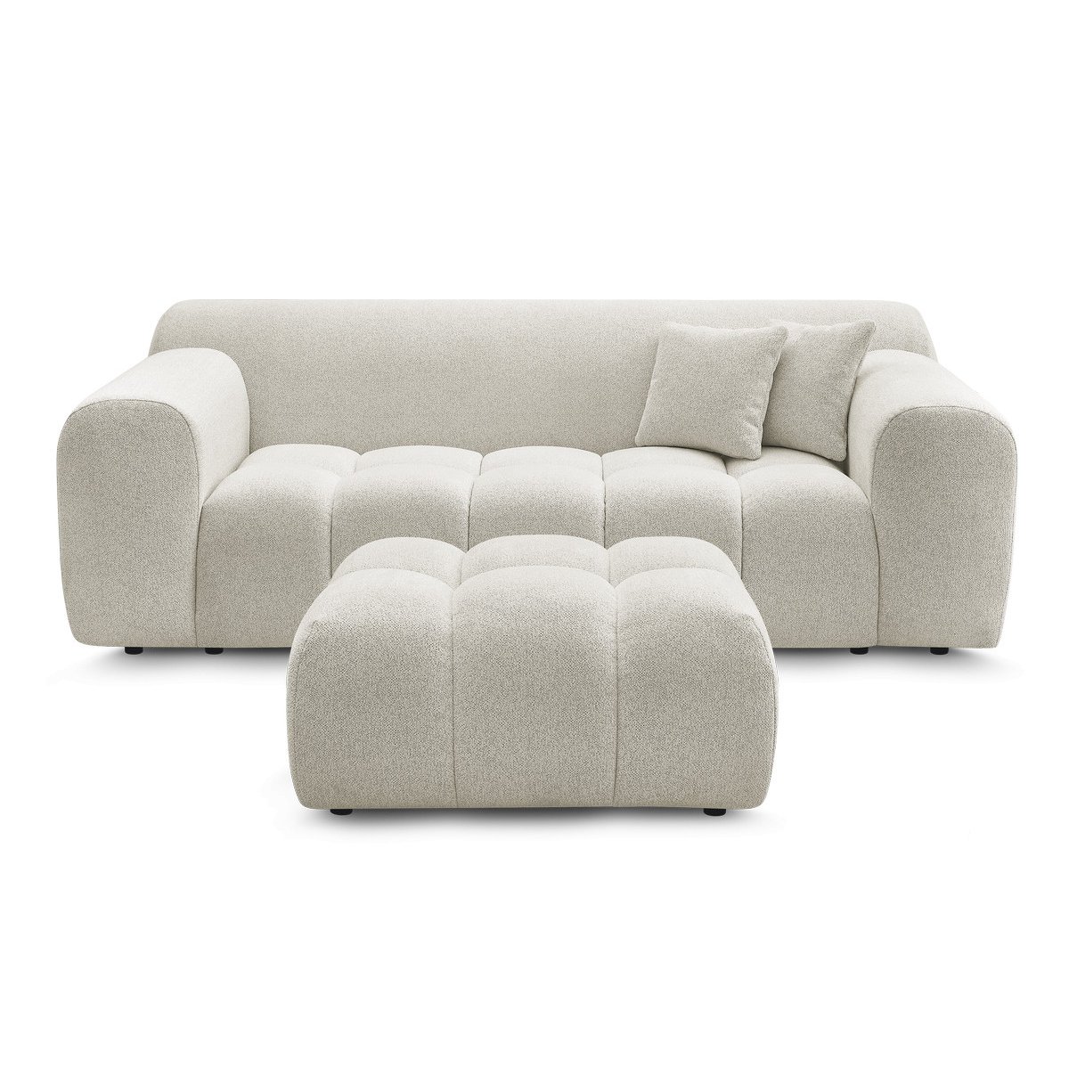 Canapé droit fixe 2 places en tissu chiné avec pouf, MELISSE blanc, BOBOCHIC