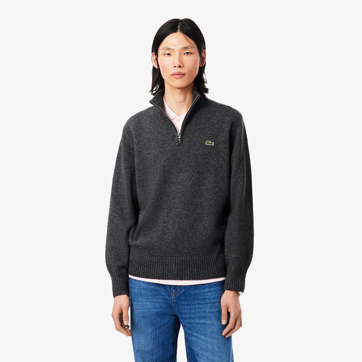 Pull zippé uni col montant laine gris-050, LACOSTE
