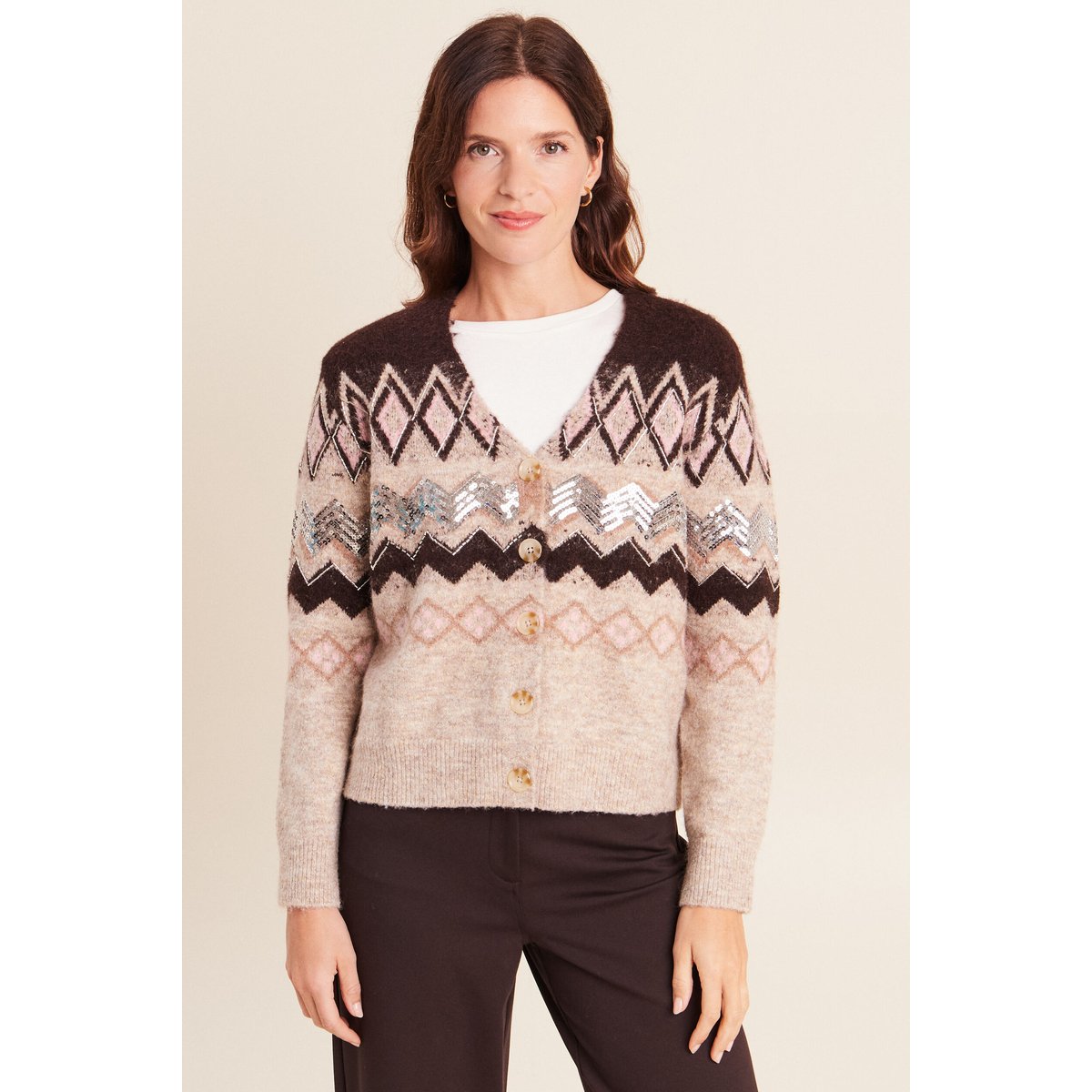 Cardigan jacquard col rond marron, BREAL