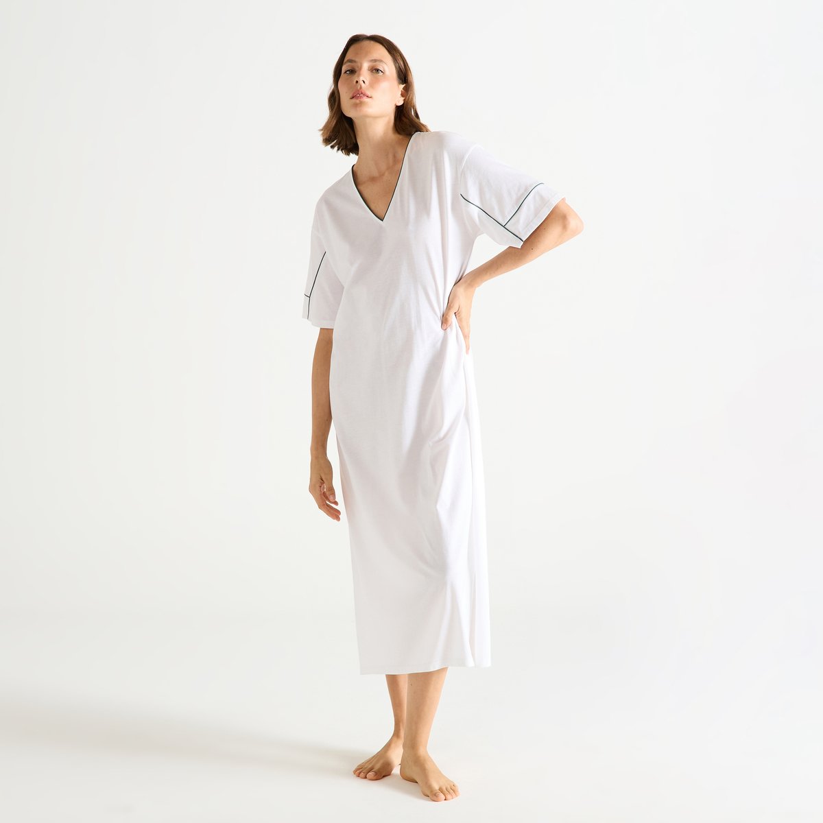 Chemise de nuit longue col v en jersey ONDINE blanc, LAURENCE TAVERNIER
