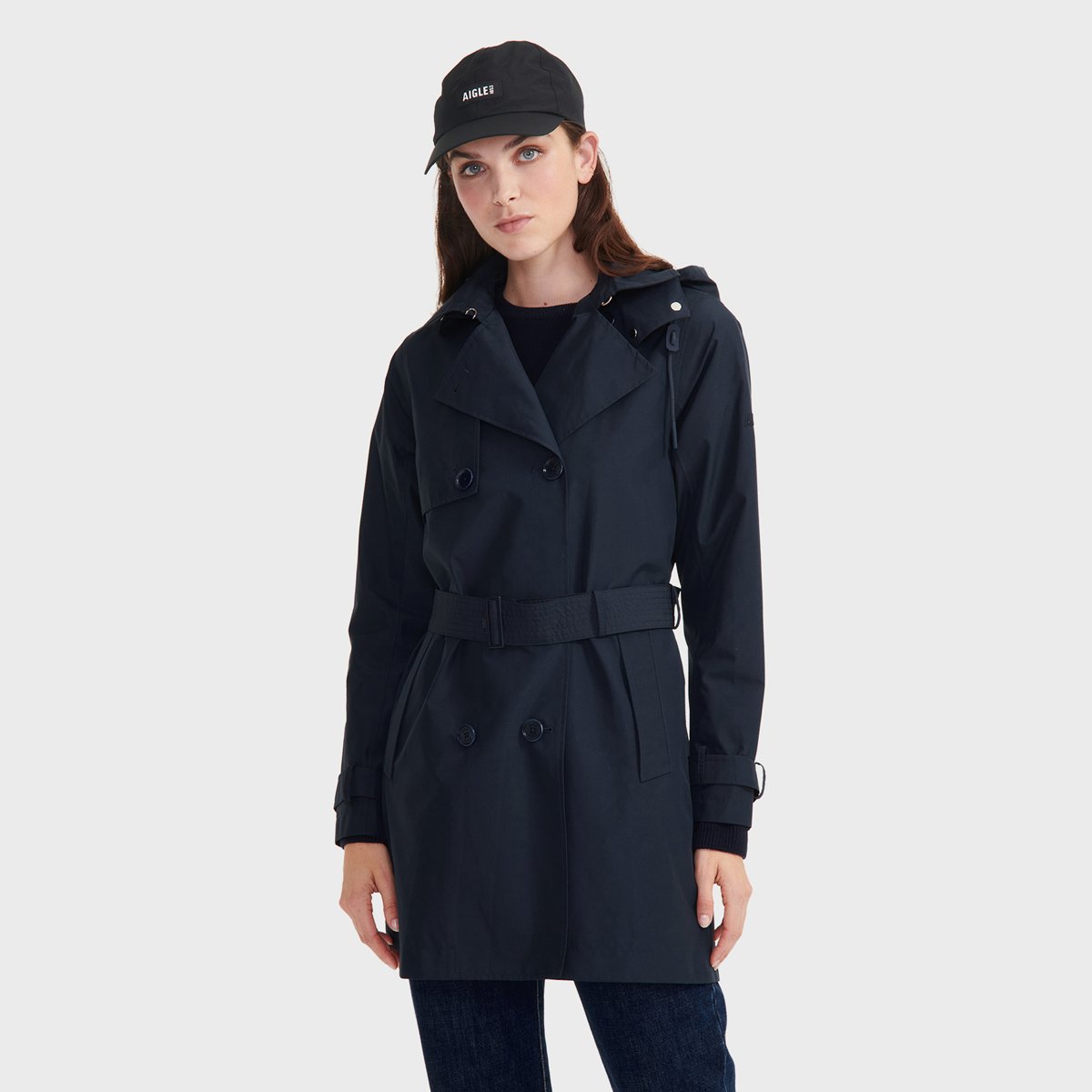 Trench-coat imperméable avec capuche amovible bleu marine, AIGLE